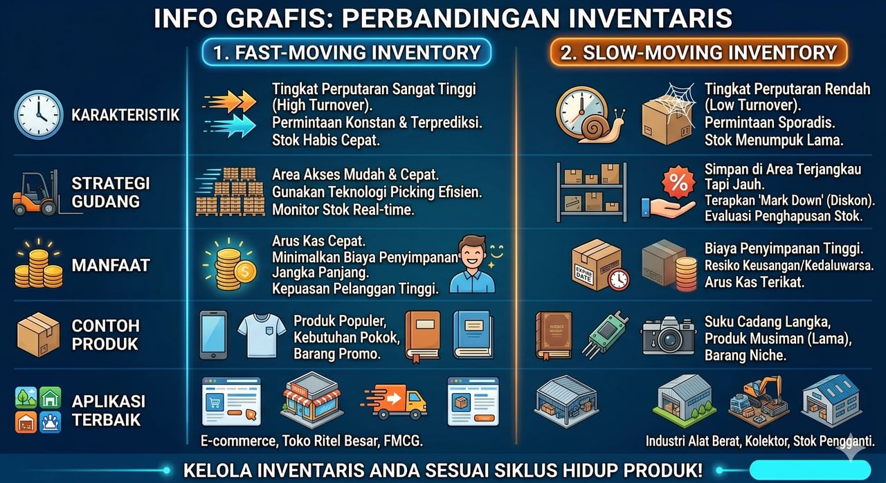 Ilustrasi perbandingan fast moving dan slow moving inventory di gudang industri