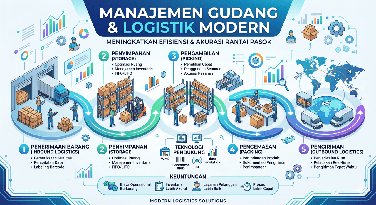 Ilustrasi perputaran stok di gudang — inventory turnover ratio untuk manajer gudang
