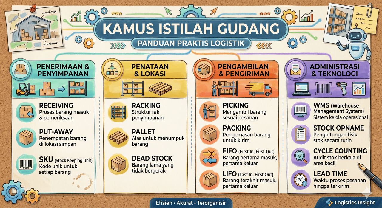 Kamus istilah gudang dan logistik — terminologi sistem rak, inventori, dan operasional warehouse