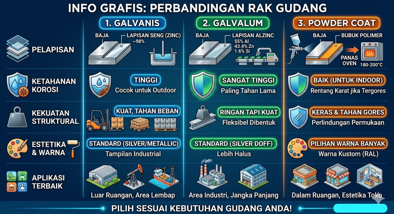 Perbandingan finishing galvanis, galvalum, dan powder coat untuk rak gudang industri