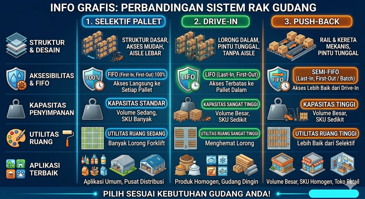 Berbagai jenis racking system di gudang industri — selective, drive-in, cantilever